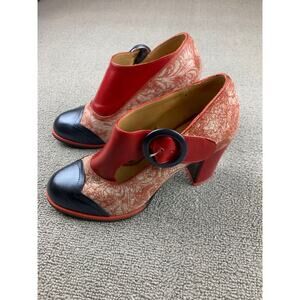 John Fluevog Women's 7 Red Black Patterned Mary Jane Pump Heels